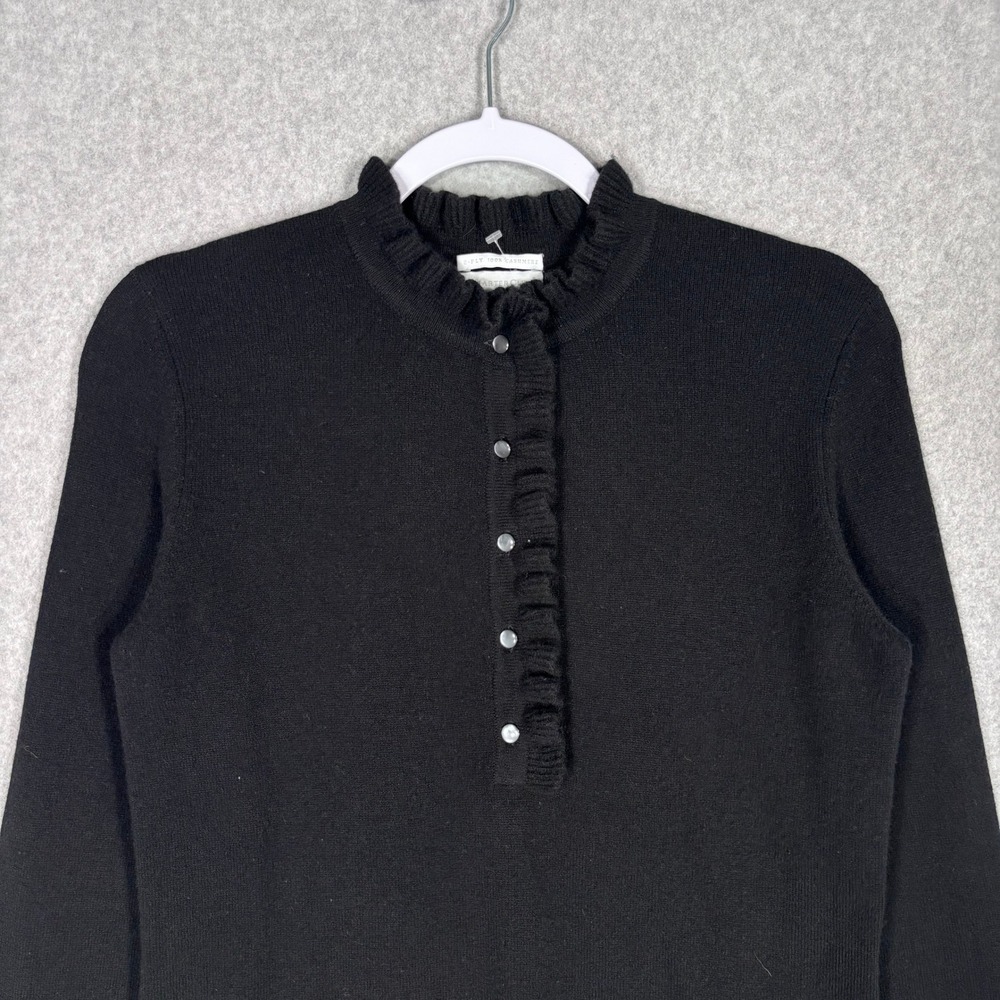 Charter Club 100% Cashmere Sweater‎ Small Black Ruffle Neck Henley Twee Preppy - Picture 2 of 10